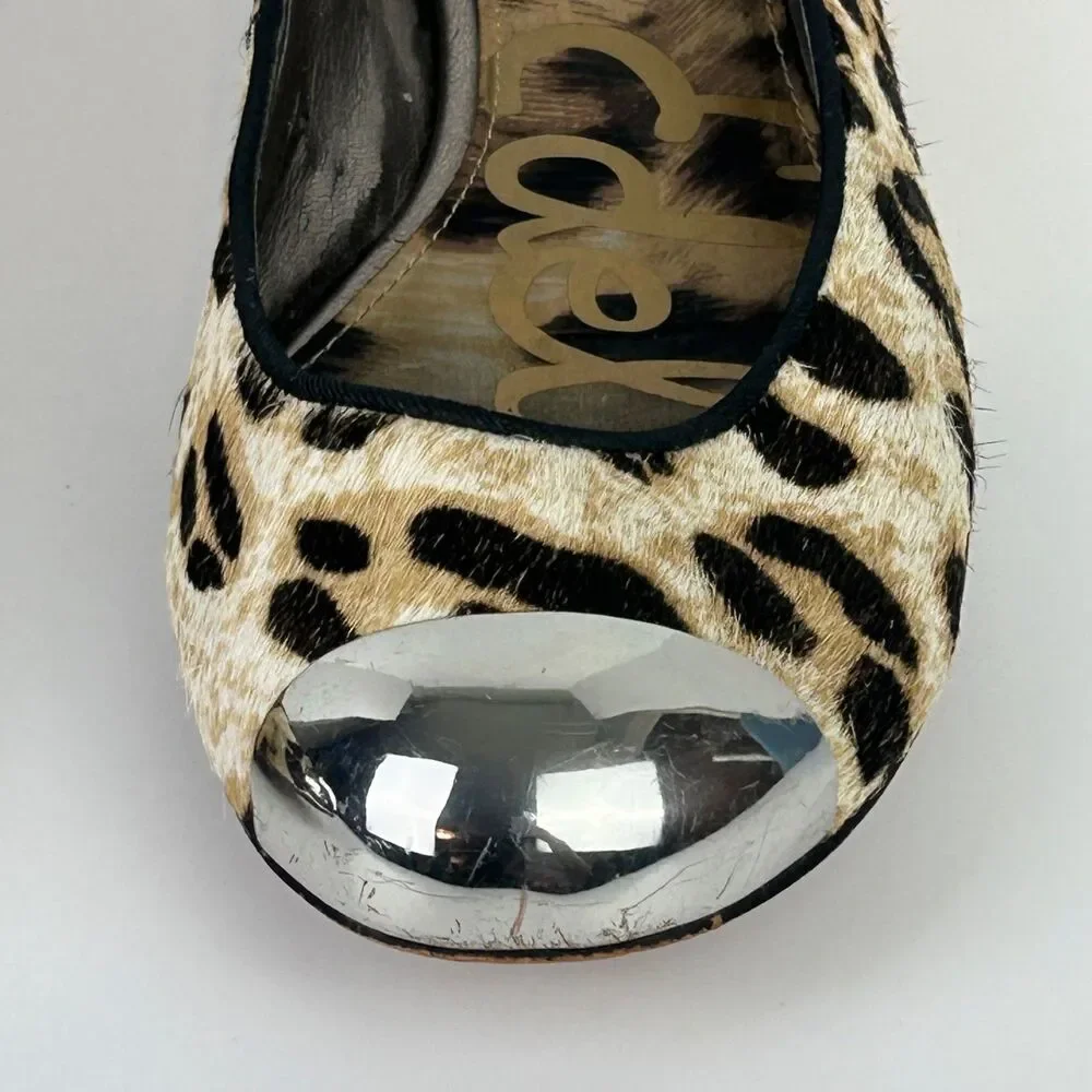 Sam Edelman Jordie Leopard Ballet Flats Calf Hair Leather Silver Cap Toe Shoes 8